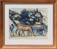 Nyergesi János: Pihen a szekér (lovaskocsi), 1930