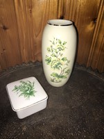 Hollóháza zöld virág mintás váza + ékszertartó