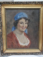 Női portré, fiatal lány festmény! Lány kendőben színes dekoratív festmény.