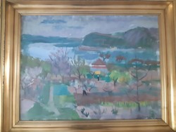 Mattioni Eszter festőművész , Dunapart c. olaj festménye.
