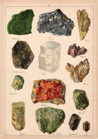 Ásvány (23), fluorit, kősó, malachit, sugárkő, gipsz, amazonit, litográfia 1899, eredeti, 24 x 34 cm