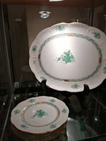 Herendi porcelán  Süteményes készlet 7 db zöld Apponyi minta. Kézzel festet. F-24