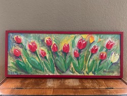 2 db tulipános olaj festmény eladó 30x80-as
