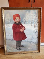 Lány piros kabátban, szignós festmény, hibátlan, falra kész állapotban, 65x80, 71x86, olaj, farost