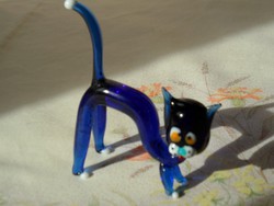 Kék öntött üveg cica, macska, dísztárgy