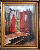108x88cm! Widder Félix Bódog (1874-1939) (Ritka téma a festőtől) Piros ruhás nő az ablaknál. 