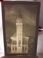 Ajándék ár! Vintage jelzett  biszkvit porcelán kép templom