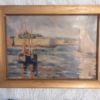 Mediterranean sea with sailing boat. 31 × 44. With frame: 39.5 × 52.5