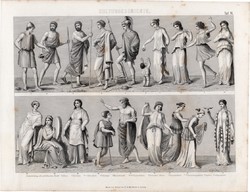 Történelem, kultúra - ókor (16), egyszín nyomat 1875, német, görög, dór, viselet, khitón, himation