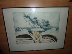Ferenc Czinke: farewell fork, original marked colored etching