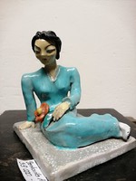  Berkovits Anna. Kerámia figura   "Pihenő nő kék ruhában "  Kézzel festve színes  máz.N-45