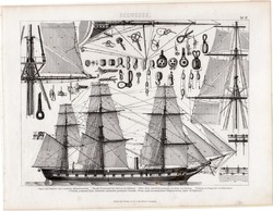 Gőzhajó, korvett, egyszín nyomat 1875 (12), Brockhaus, eredeti, csavarkerekes, árboc, vitorla, hajó