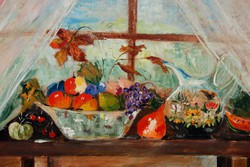 T. Lojo M.: Virágok és gyümölcsök az ablak előtt, 1987 - nagy méretű olajfestmény, 60x80 cm
