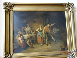 Painter Sándor Bihari - oil print painting of merry peasants. Picture size 90 x 70 cm.