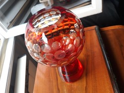 Retro vastag üvegfalú kristály váza, art deco stílusban, csiszolt pöttyökkel