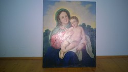Antik,restaurál 1800-as évek,Mária kis Jézussal egyházi témájú  festmény 63x80 cm