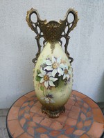 Szecessziós nagy méretű kerámia majolika váza, kézifestett virágokkal, jelzett!Bécs Ausztria Wien