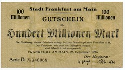 Németország Frankfurt 100 millió Márka, 1923, szép