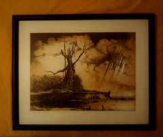 Rézkarc,  Kiss Péter "A nagy fa", eredeti, szignózott, üvegezett kerettel