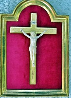 45. Antik CSONT  Jézus Krisztus (9.5cm), Korpusz, feszület, kereszt, 27 cm keretben.