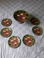Antik ritka Körmöcbányai kerámia talpas sütemény kínáló + 6 darab süteményes tányér készletben