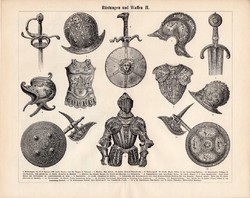 Páncél és fegyver I., II., III. (3), egyszín nyomat 1896, német, eredeti, kard, pajzs, sisak, lovagi