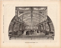 Gőzhajó nagy terme, metszet 1875, eredeti, német, újság, 20 x 28, fametszet, szalon, belső, terem
