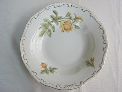 Zsolnay porcelán sárga rózsás mély leveses tányér
