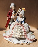 Gdr Lippelsdorf német porcelán barokk pár csipkeruhás nő hölgy lantos férfi lovag