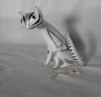 Hollóházi porcelán, art deco macska, cica (vintage / retro nipp, kézifestés)
