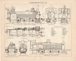 Mozdony I., II., III., egyszínű nyomat 1894, német, eredeti, Brockhaus, vasút, gőz, gőzmozdony, sín