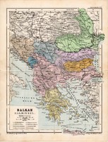 Balkán térkép 1885, eredeti, német nyelvű, osztrák atlasz, Kozenn, Görögország, Törökország, Szerbia