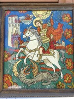 Dragon killing St. George is fighting the dragon! Glass icon frame! Beautiful color painting! Homemade blessing