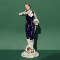 Royal Dux kobaltkék cobalt 27 cm magas barokk férfi figura kanárimadárral újszerű állapotban 