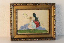 Rokokó hölgy bíbor köpenyben, selymre festett festmény üveg mögött