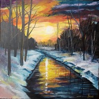 Téli naplemente c. festmény, tájkép L.Afremov nyomán