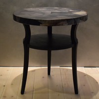 Round antique vintage loft style side table with black waxed glow decoupage top