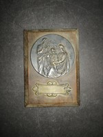 Antik szecessziós egyházi vallási ezüstözött fali plakett Szent család ábrázolással - EP
