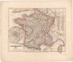 Franciaország térkép 1849, eredeti, német, Meyers Atlas, 27 x 33 cm, Párizs, megye, Európa, hadi