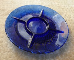 Deep blue large divided serving glass bowl