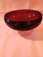 ÁK05 Nagyon szép bordó üveg talpas  asztalközép kínáló tál tányér 11 cm magas