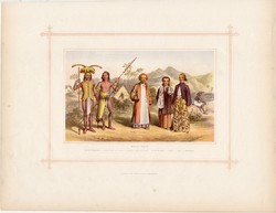 Malájok, litográfia 1882, eredeti, maláj faj, népfaj, Jáva, Borneó, pap, bennszülött, őslakos, nő