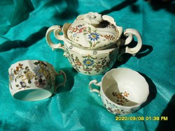 Antik Zsolnay porcelánfajansz cukortartó 2 csészével