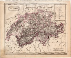 Svájc térkép 1854 (2), német nyelvű, eredeti, atlasz, osztrák, Európa, kanton, megye, Zürich, Bázel