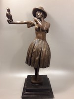 D.H.Chiparus - Lány madárral - Art Deco bronz szobor  szignózott eredeti hibátlan