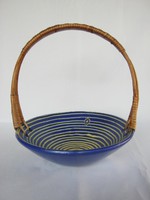 Industrial artist retro braided handle blue-yellow ceramic serving bowl table centerpiece 25x22 cm