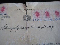 Állampolgársági  Bizonyítvány  1934   öt db szép okmány bélyeggel    21 x 30 cm