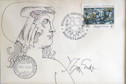 Szász Endre bélyeg, elsőnapi bélyegzővel + tusrajz, aláírás​ 1983