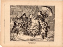 Hazatérés a bálból, fametszet 1881, metszet, nyomat, 22 x 28 cm, Ország - Világ, újság, tél, bál