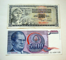 JUGOSZLÁVIA -1000 & 5000 Dinár – 1978 & 1985 - 2 db-os - bankjegy Lot 